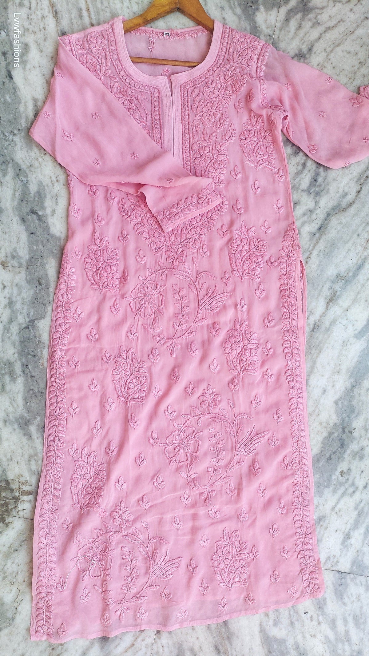 Ruhani Soul shades premium white georgette pant set with handmade pink chikankari kurta from LVW Fashions, Lucknow Chikankari.