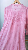 Ruhani Soul shades premium white georgette pant set with handmade pink Lucknow chikankari kurta by LVW Fashions.