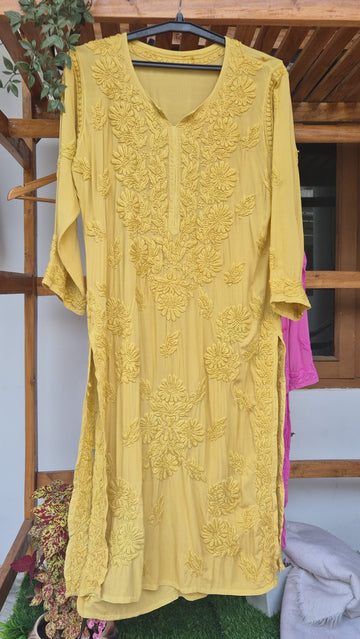 Pink premium non-transparent modal Chikankari long kurta by LVW Fashions, featuring intricate handmade Lucknow Chikankari embroidery