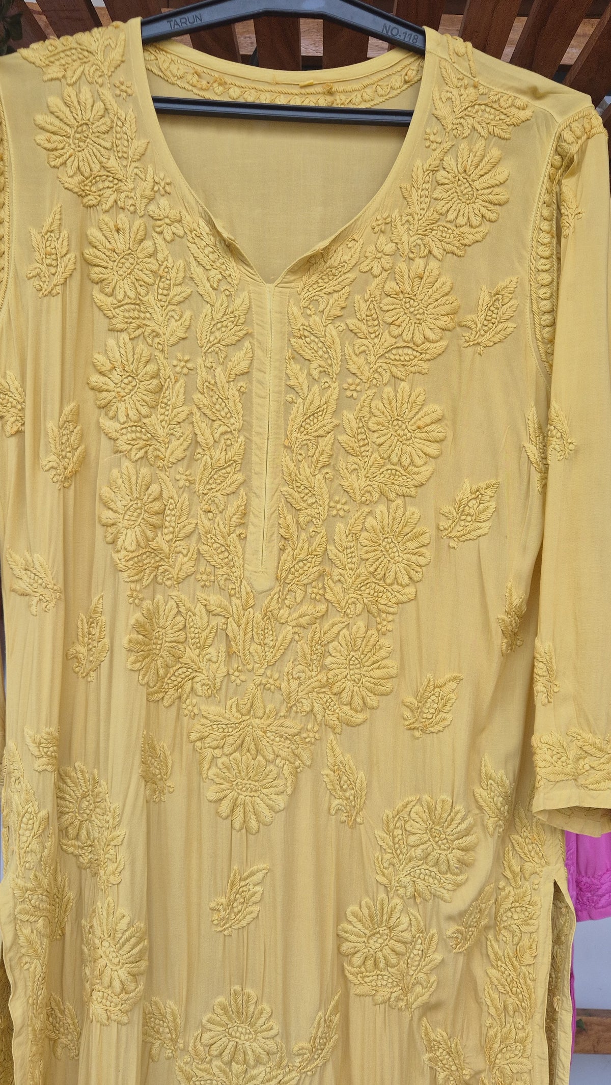 Pink premium non-transparent modal Chikankari long kurta by LVW Fashions, featuring intricate Lucknow-style hand embroidery.