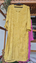 Pink premium non-transparent modal Chikankari long kurta by LVW Fashions featuring intricate handmade Lucknow Chikankari embroidery.
