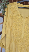 Pink handmade Lucknow chikankari long kurta by LVW Fashions in premium non-transparent modal fabric, featuring intricate embroidery.
