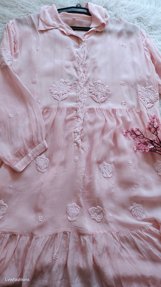 Pink Zainab Premium Silk Chikankari Shirt with Flair, handmade Lucknow Chikankari kurta by LVW Fashions, featuring intricate embroidery.