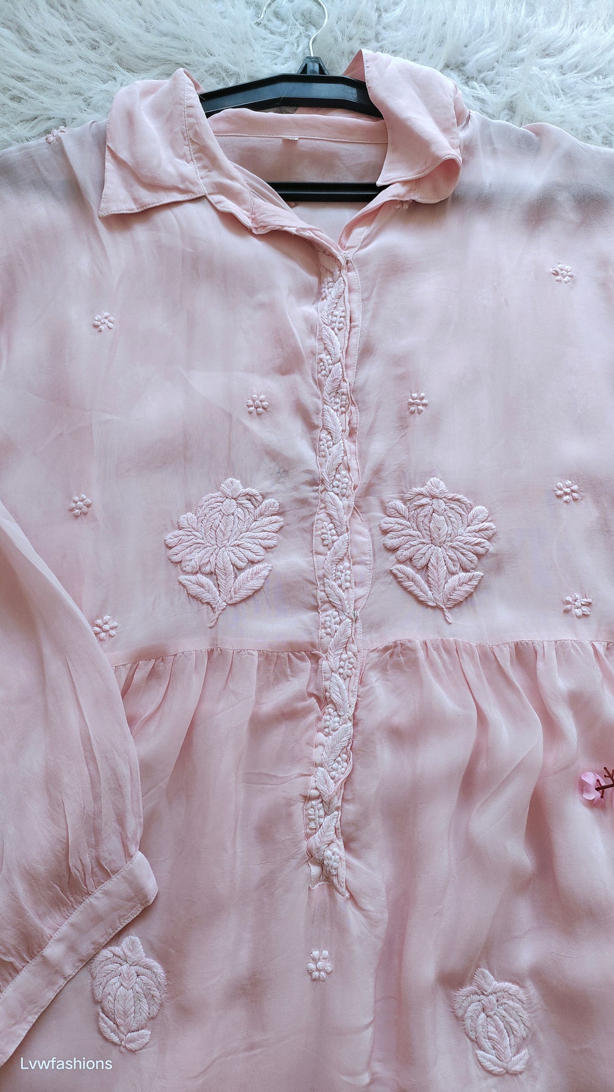 Pink Zainab Premium Silk Chikankari shirt with flair, handmade Lucknow chikankari kurta by LVW Fashions, elegant embroidered silk top.