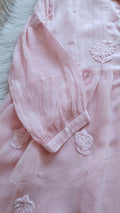 Pink Zainab Premium Silk Chikankari Shirt with Flair, handmade Lucknow chikankari kurta by LVW Fashions, featuring intricate embroidery.