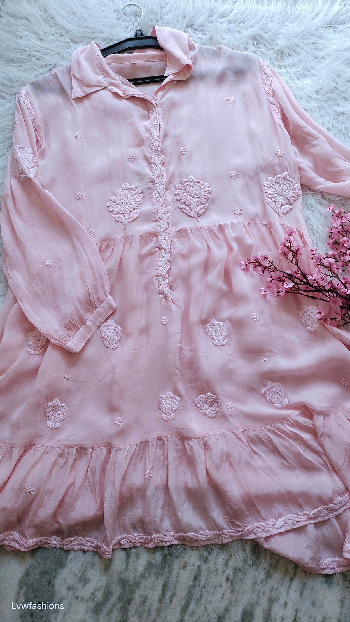 Pink Zainab Premium Silk Chikankari Shirt with Flair by LVW Fashions, handcrafted Lucknow chikankari kurta with intricate embroidery.