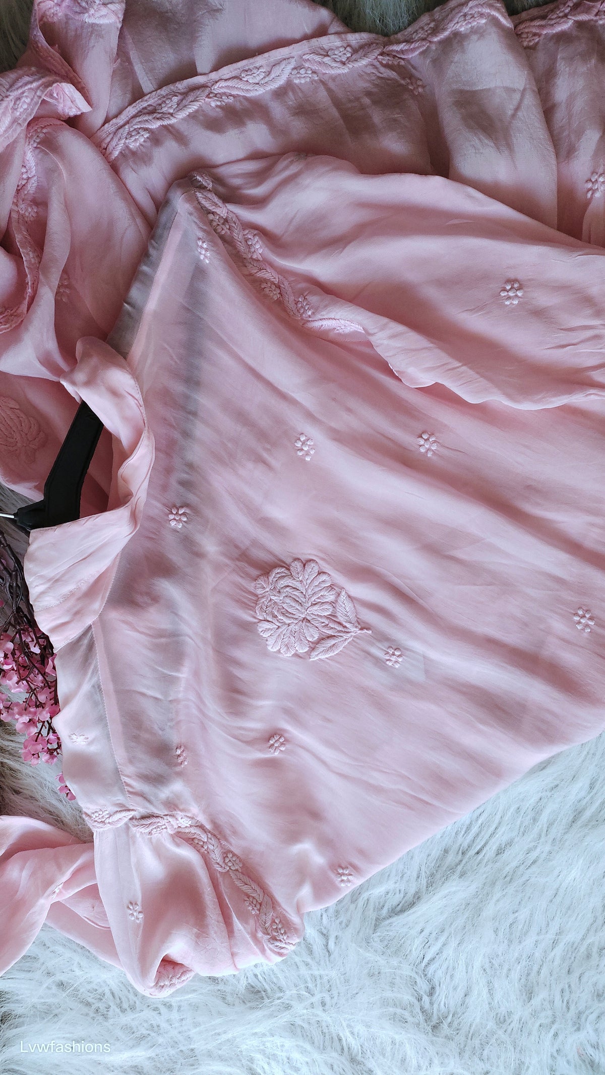 Pink Zainab Premium Silk Chikankari Shirt with Flair by LVW Fashions, showcasing intricate Lucknow-style handmade chikankari embroidery.