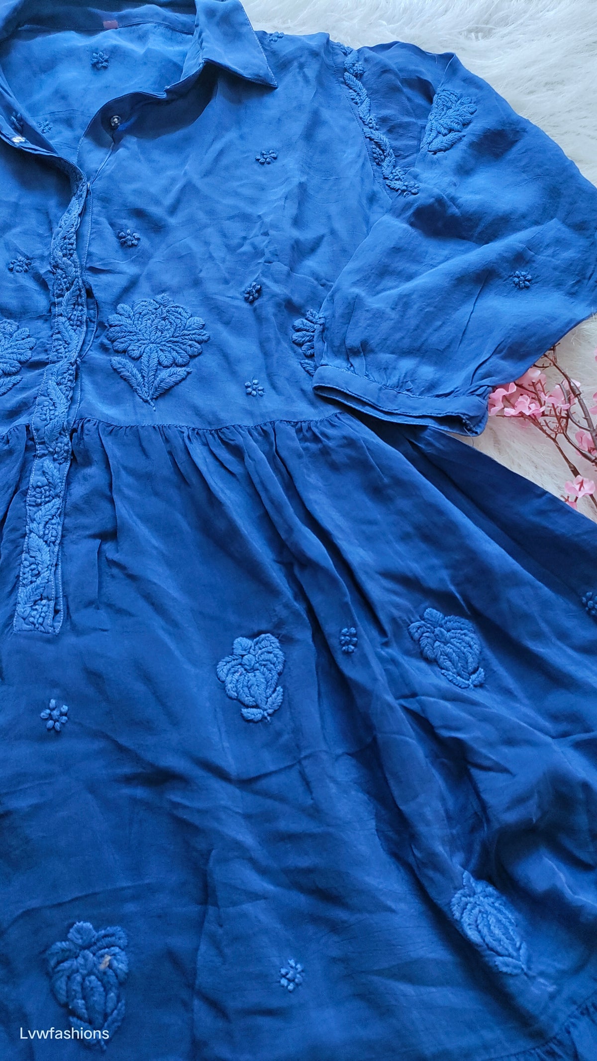 Pink Zainab Premium Silk Chikankari Shirt with Flair by LVW Fashions, featuring intricate handmade Lucknow Chikankari embroidery.