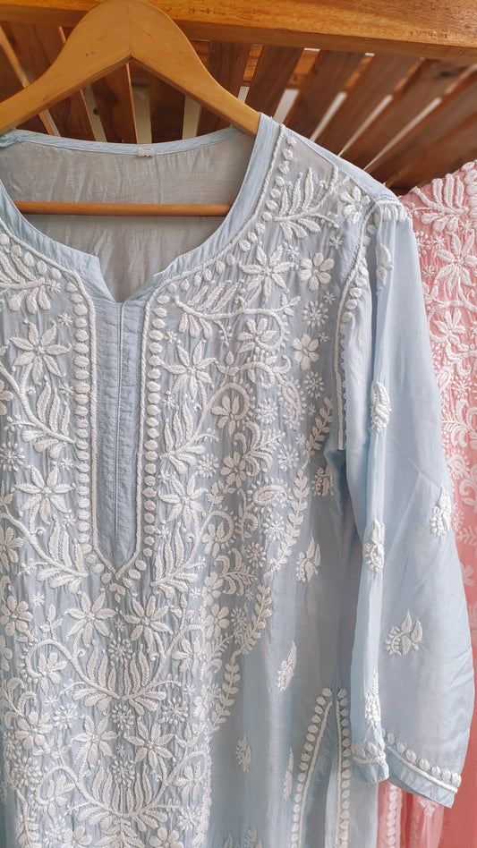 Pinkish peach Fizza Muslin Silk Chikankari Kurta by LVW Fashions, handmade Lucknow chikankari with luxurious look and intricate embroidery.