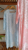 Pinkish-peach Fizza Muslin Silk Chikankari Kurta by LVW Fashions, handmade Lucknow Chikankari with luxurious embroidery.