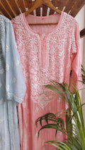 Pinkish peach Fizza muslin silk Kurta with intricate Lucknow Chikankari by LVW Fashions, handmade and luxurious looking.