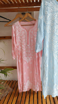 Pinkish peach Fizza Muslin Silk Chikankari Kurta by LVW Fashions, handcrafted with intricate Lucknow-style embroidery.