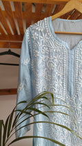 Pinkish peach Fizza Muslin Silk Chikankari Kurta by LVW Fashions with intricate Lucknow-style hand embroidery.