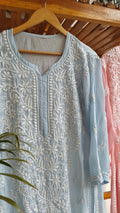 Pinkish-peach Fizza Muslin Silk Chikankari Kurta by LVW Fashions, handmade Lucknow Chikankari with luxurious, intricate embroidery.