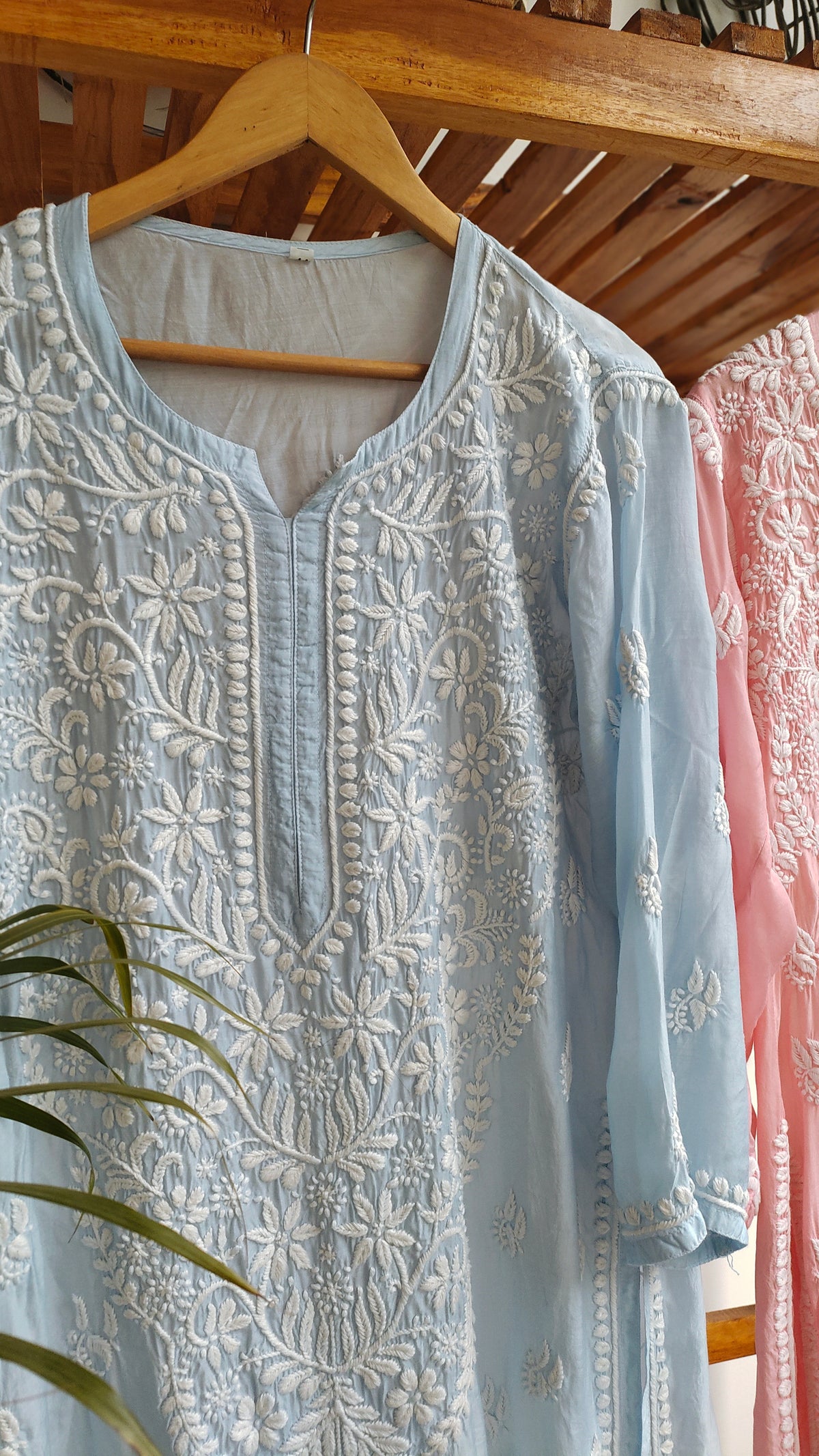 Pinkish-peach Fizza Muslin Silk Chikankari Kurta by LVW Fashions, handmade Lucknow Chikankari with luxurious, intricate embroidery.