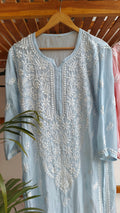 Pinkish peach LVW Fashions chikankari kurta in Fizza muslin silk with luxurious look and intricate handmade Lucknow embroidery.