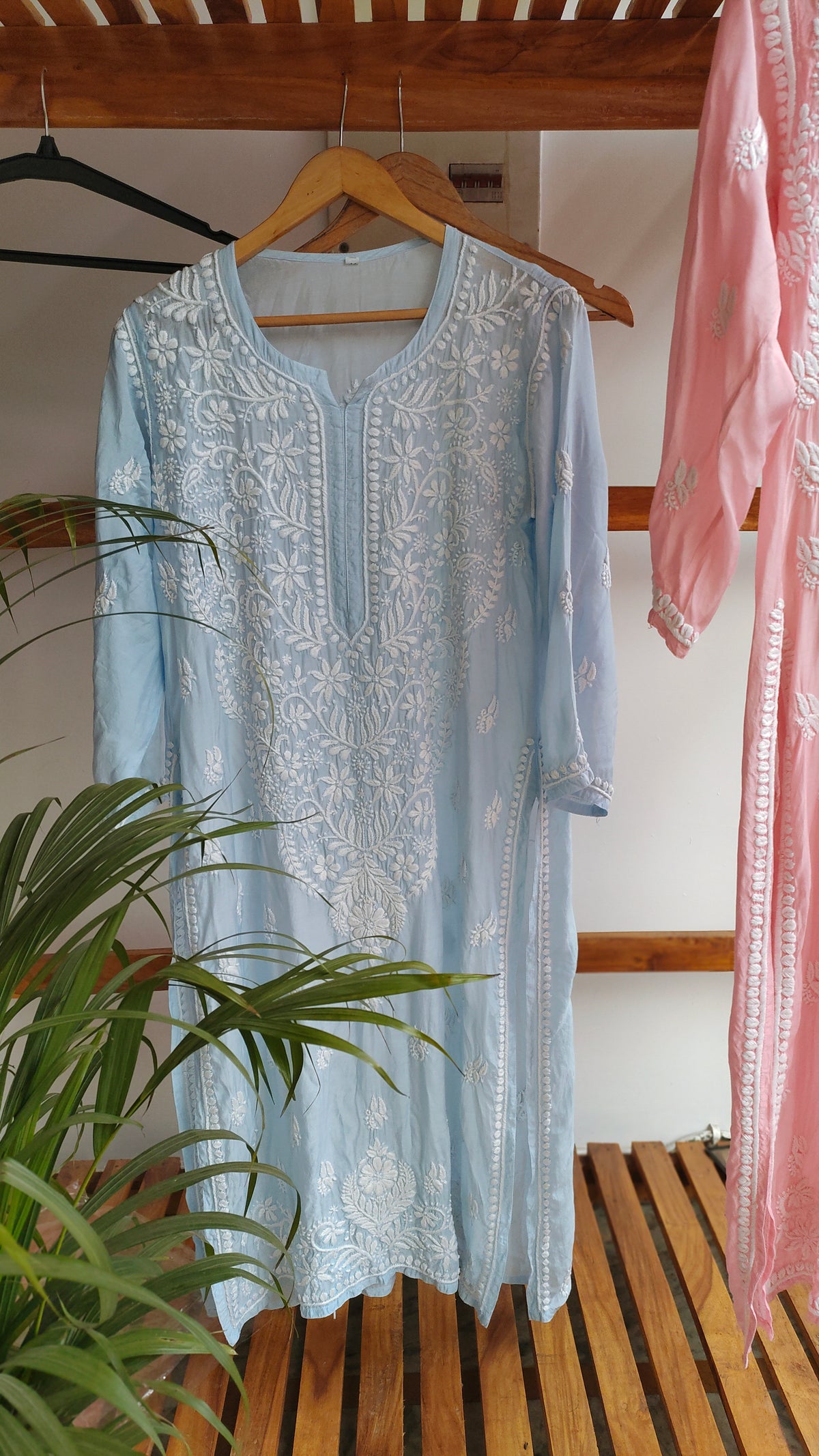 Pinkish-peach Fizza muslin silk kurta with intricate Lucknow chikankari embroidery, handmade by LVW Fashions.