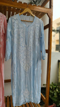 Pinkish peach Fizza muslin silk Chikankari kurta by LVW Fashions, with intricate handmade Lucknow embroidery, luxurious and elegant.