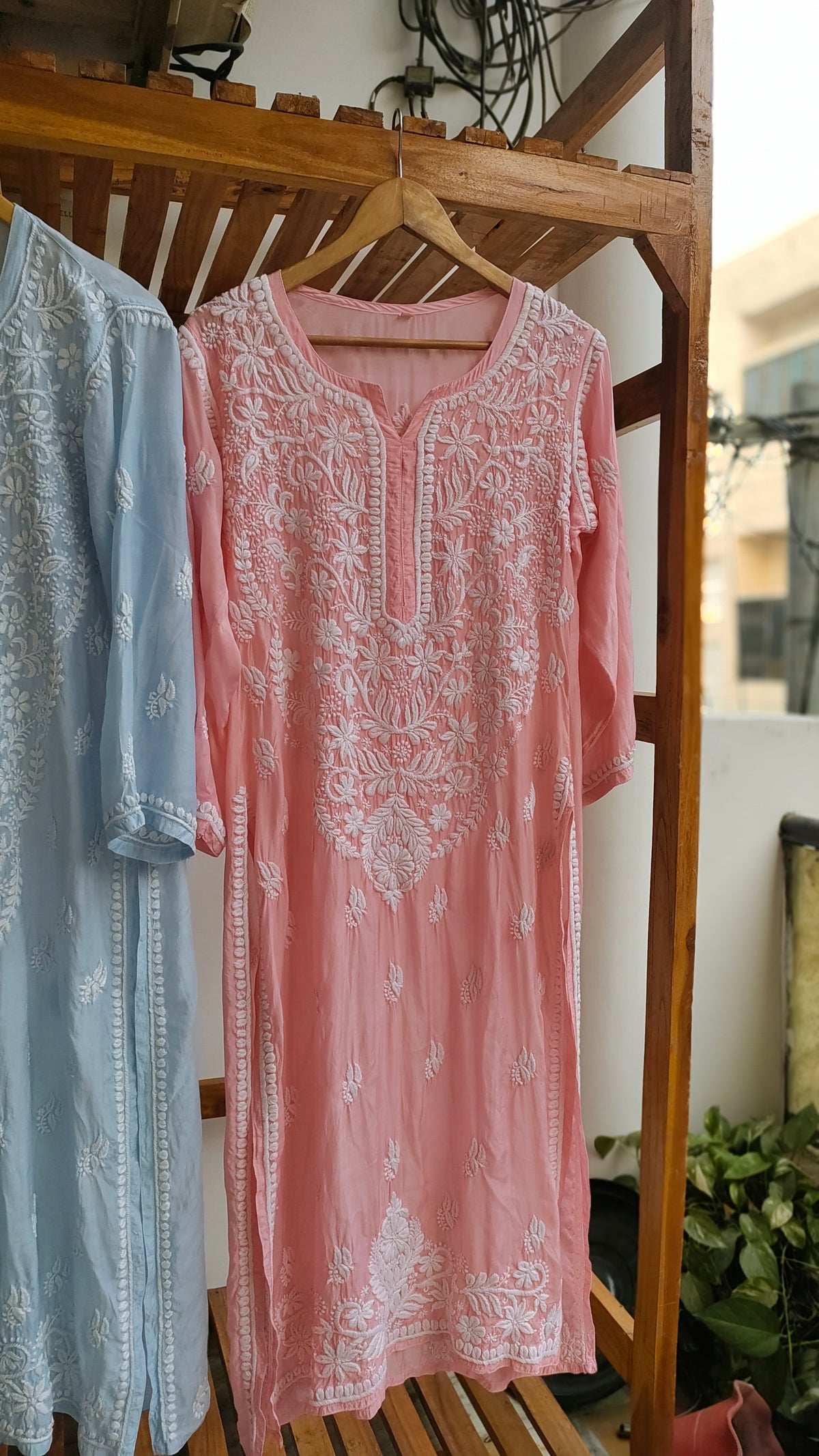 Pinkish peach Fizza Muslin Silk Chikankari Kurta by LVW Fashions featuring intricate handmade Lucknow chikankari embroidery.