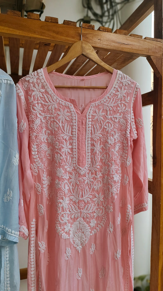 Pinkish peach Fizza muslin silk chikankari kurta by LVW Fashions featuring intricate handmade Lucknow chikankari embroidery.