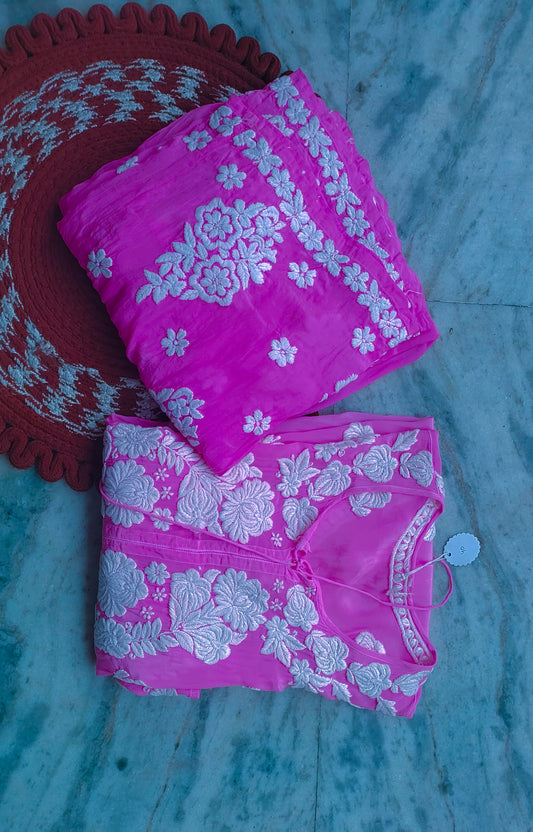 Pinkish Plus size Premium Silk Pure Handcrafted Chikankari co-ord Set