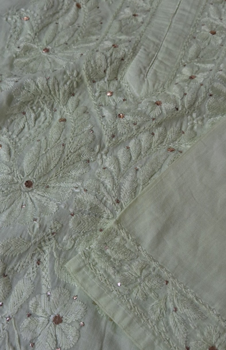 LVW Fashions Pista Premium Soft Mulmul Chikankari Suit with Embroidered Dupatta, handmade Lucknow chikankari kurta, non-transparent fabric