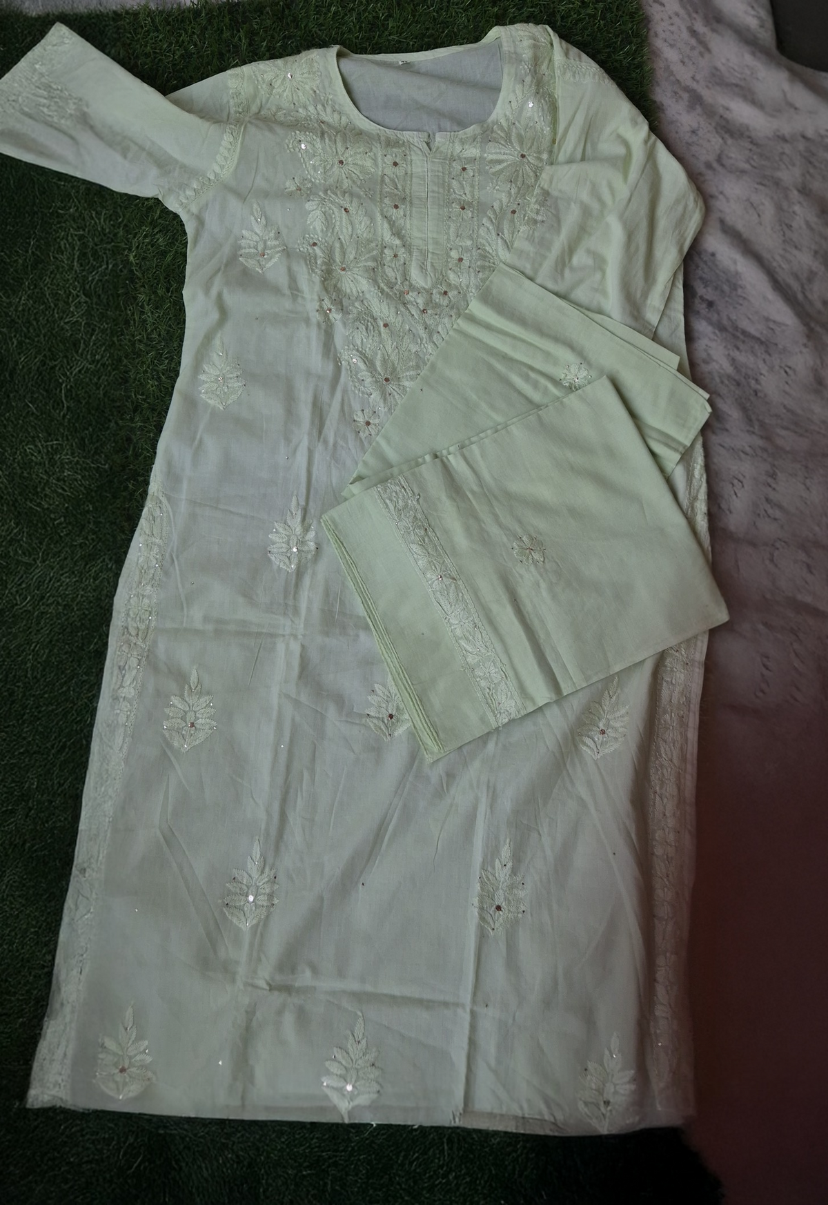 LVW Fashions Pista Premium Soft Mulmul Chikankari Suit with Embroidered Dupatta, handmade Lucknow-style non-transparent kurta ensemble.