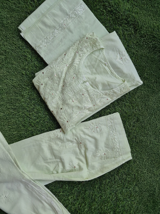 LVW Fashions Pista Premium Soft Mulmul Chikankari Suit with Embroidered Dupatta, non-transparent, handmade Lucknow Chikankari kurta