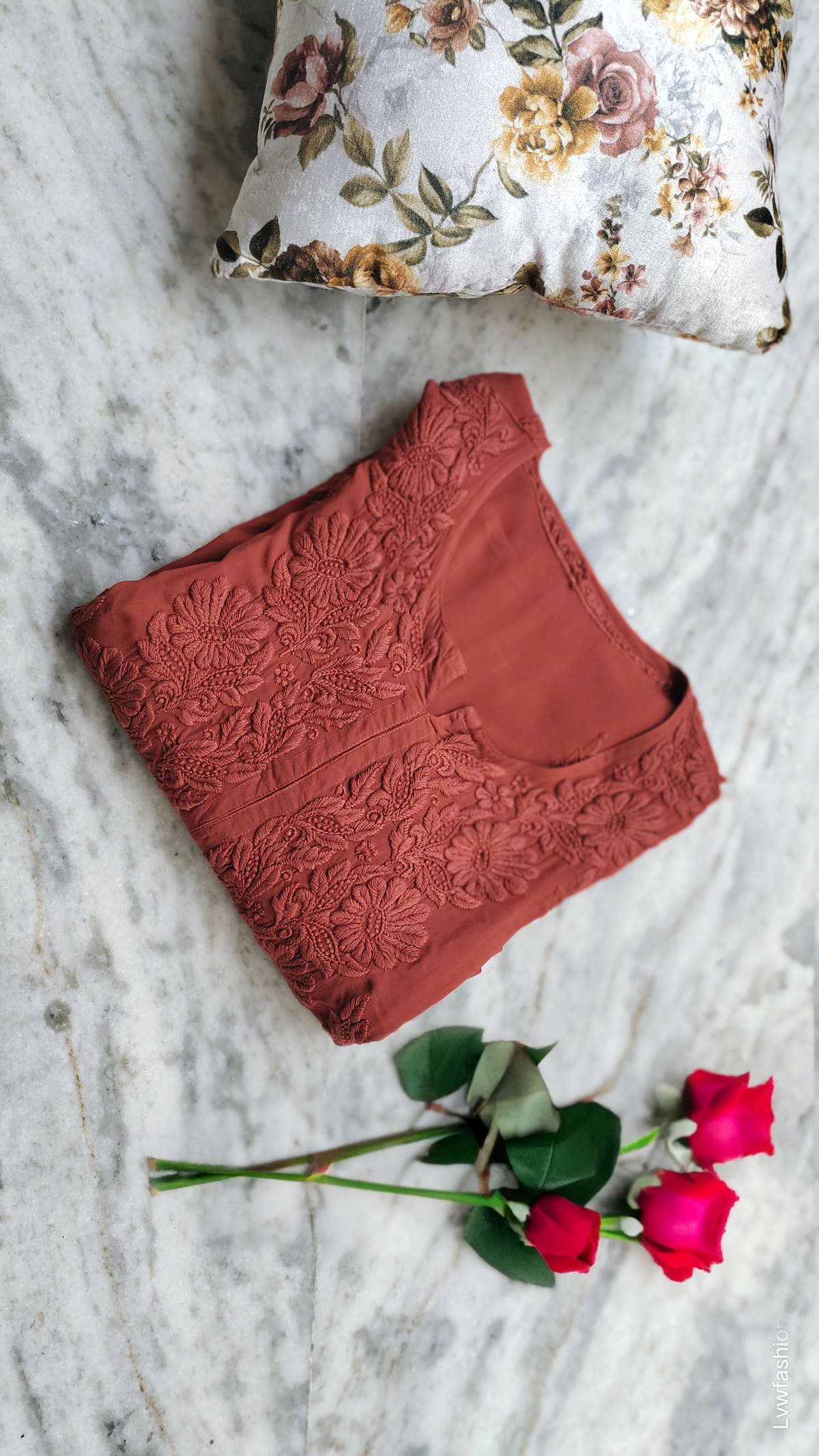Plus Love premium modal Chikankari kurta by LVW Fashions featuring intricate handmade Lucknow Chikankari embroidery.