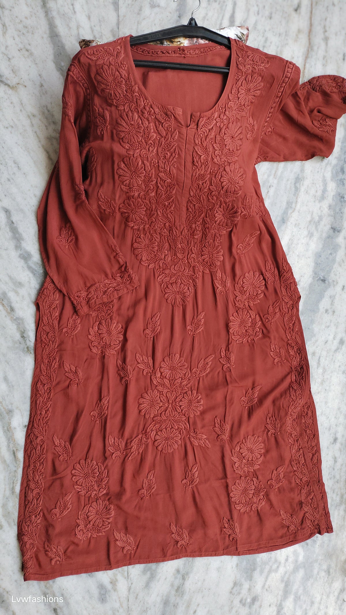 Plus Love Premium Modal Chikankari Kurta by LVW Fashions, handmade Lucknow Chikankari kurta in light fabric, featuring intricate embroidery.