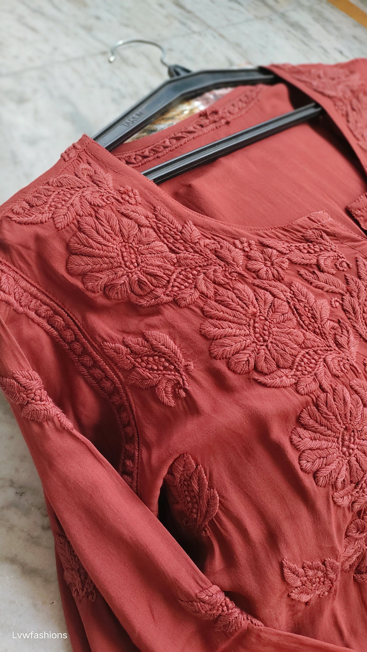 Plus Love Premium Modal Chikankari Kurta by LVW Fashions, handmade Lucknow Chikankari with intricate embroidery in a stylish design.