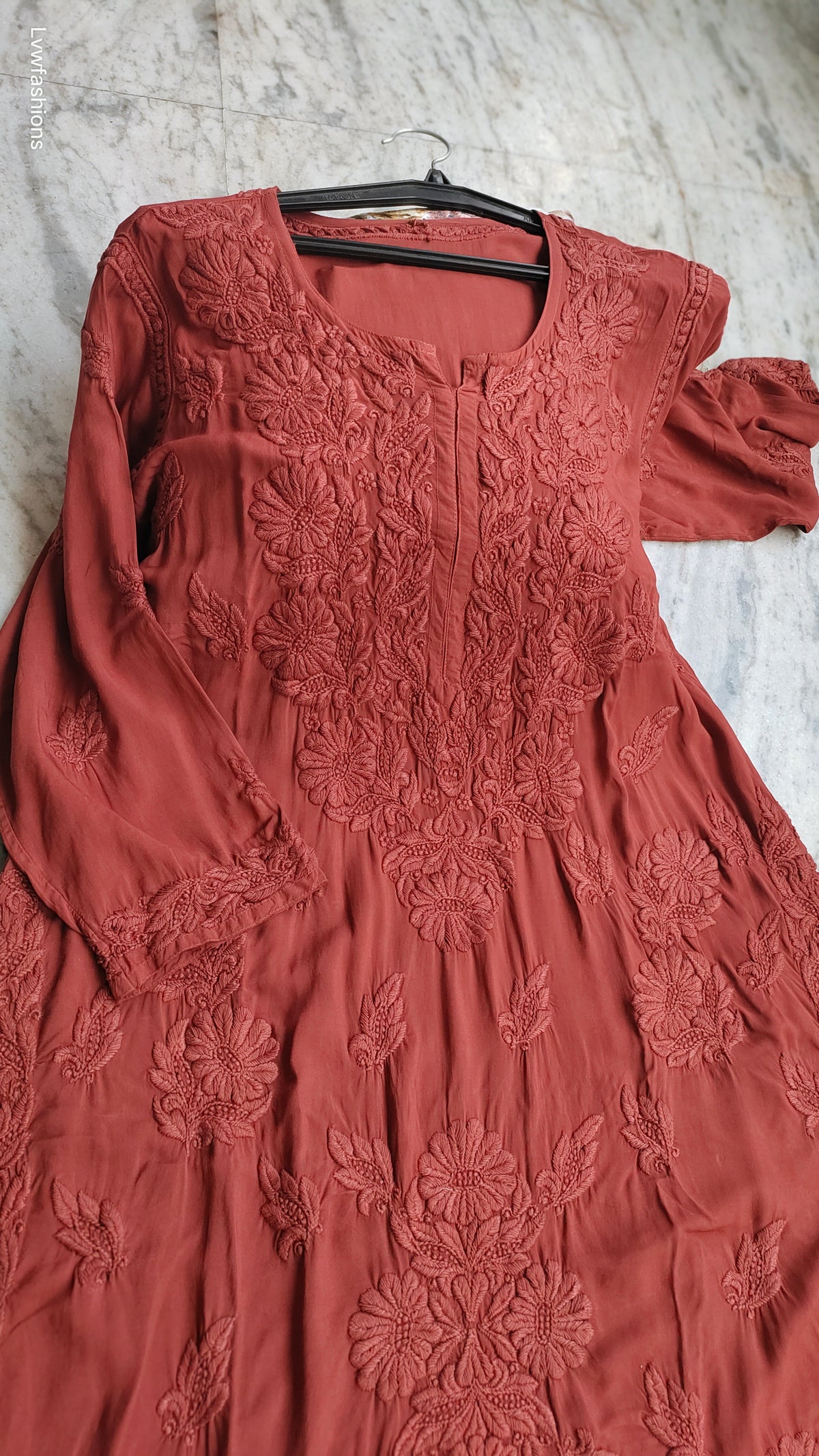 Plus Love Premium Modal Chikankari Kurta by LVW Fashions featuring intricate Lucknow Chikankari embroidery on a handmade fabric.