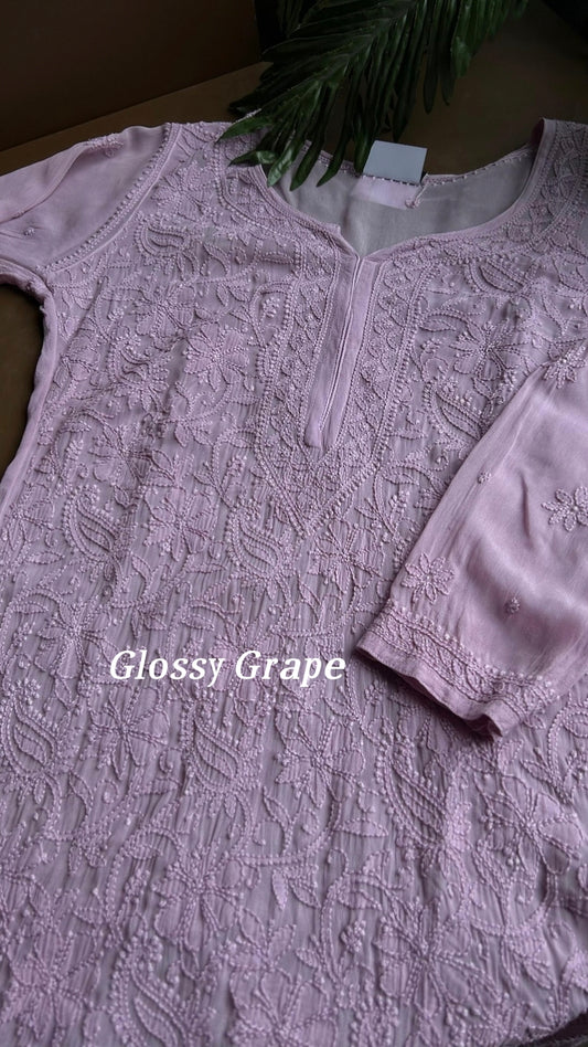 Handmade pink Georgette long Kurta with intricate Lucknow Chikankari embroidery by LVW Fashions.