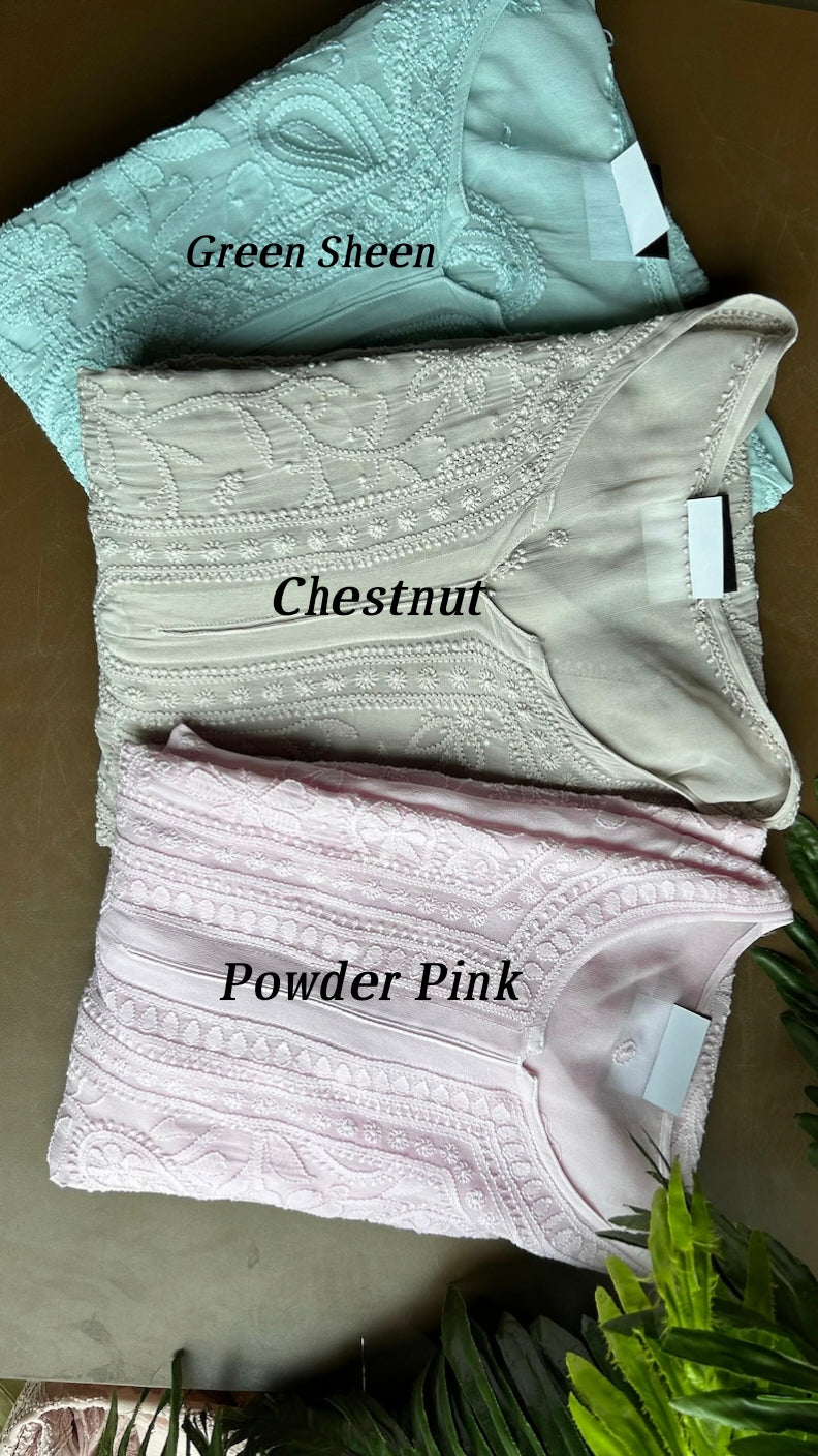 Powder pink Love Colours premium georgette long kurta with intricate handmade Lucknow chikankari embroidery.