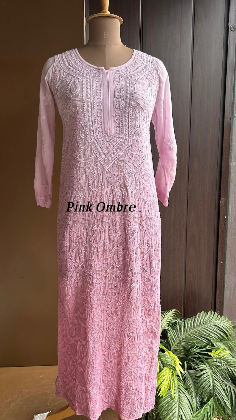 Pink Love Colours premium georgette long kurta with intricate handmade Lucknow chikankari embroidery by LVW Fashions.