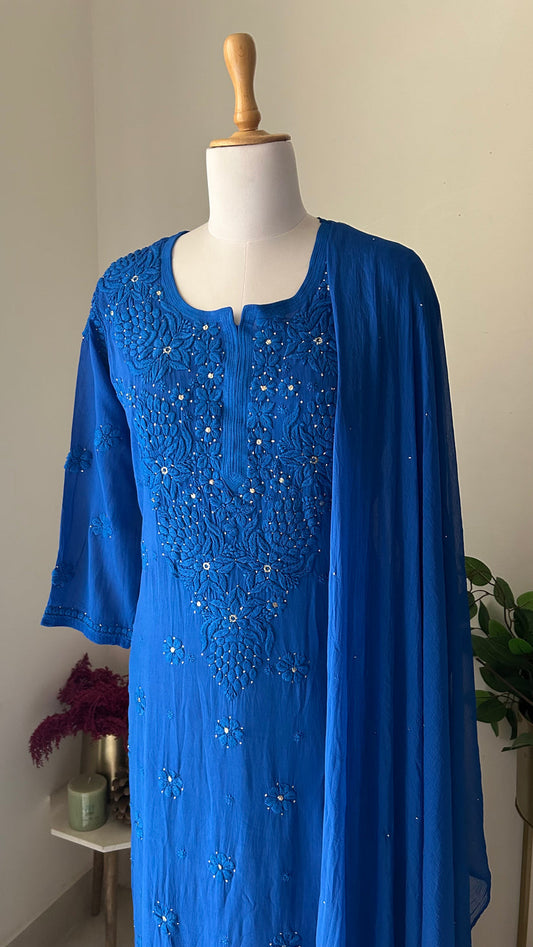 Premium soft Mulmul Chikankari suit set with handcrafted Lucknow chikankari kurta, non-transparent fabric, by LVW Fashions