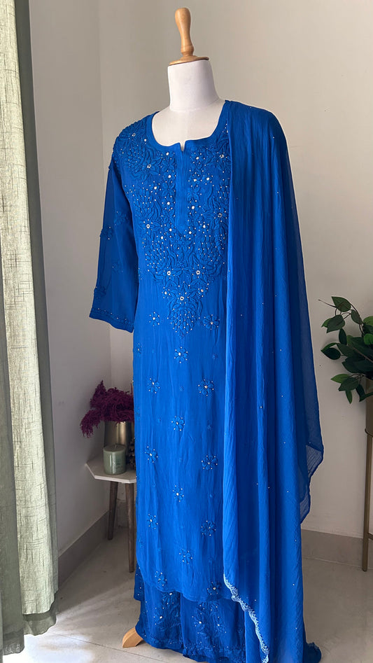 Premium soft mulmul Chikankari suit set by LVW Fashions featuring a handmade Lucknow Chikankari kurta in non-transparent fabric.