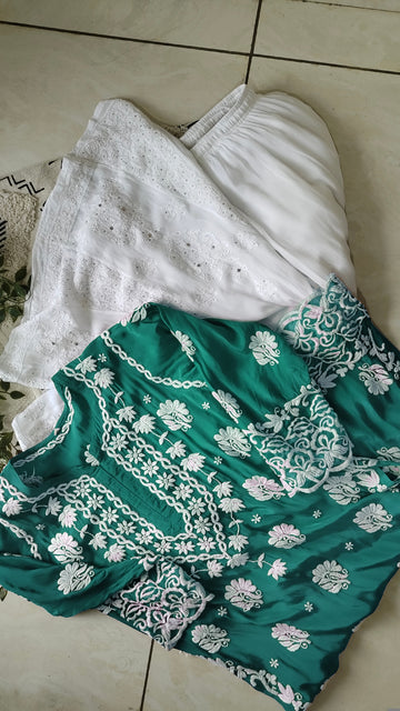 Saga Green Premium Silk & Georgette Pure Handcrafted Chikankari co-ord Set