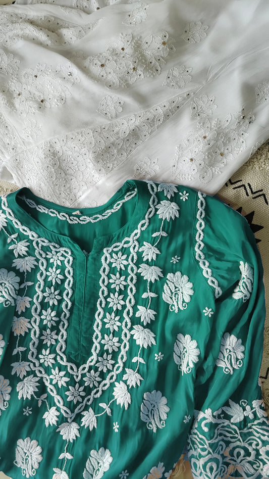 Saga Green Premium Silk & Georgette Pure Handcrafted Chikankari co-ord Set