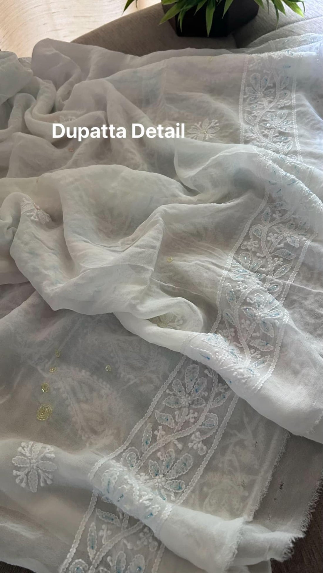 Handcrafted Shafaq luxury georgette kurta and dupatta set with intricate Lucknow chikankari embroidery by LVW Fashions.