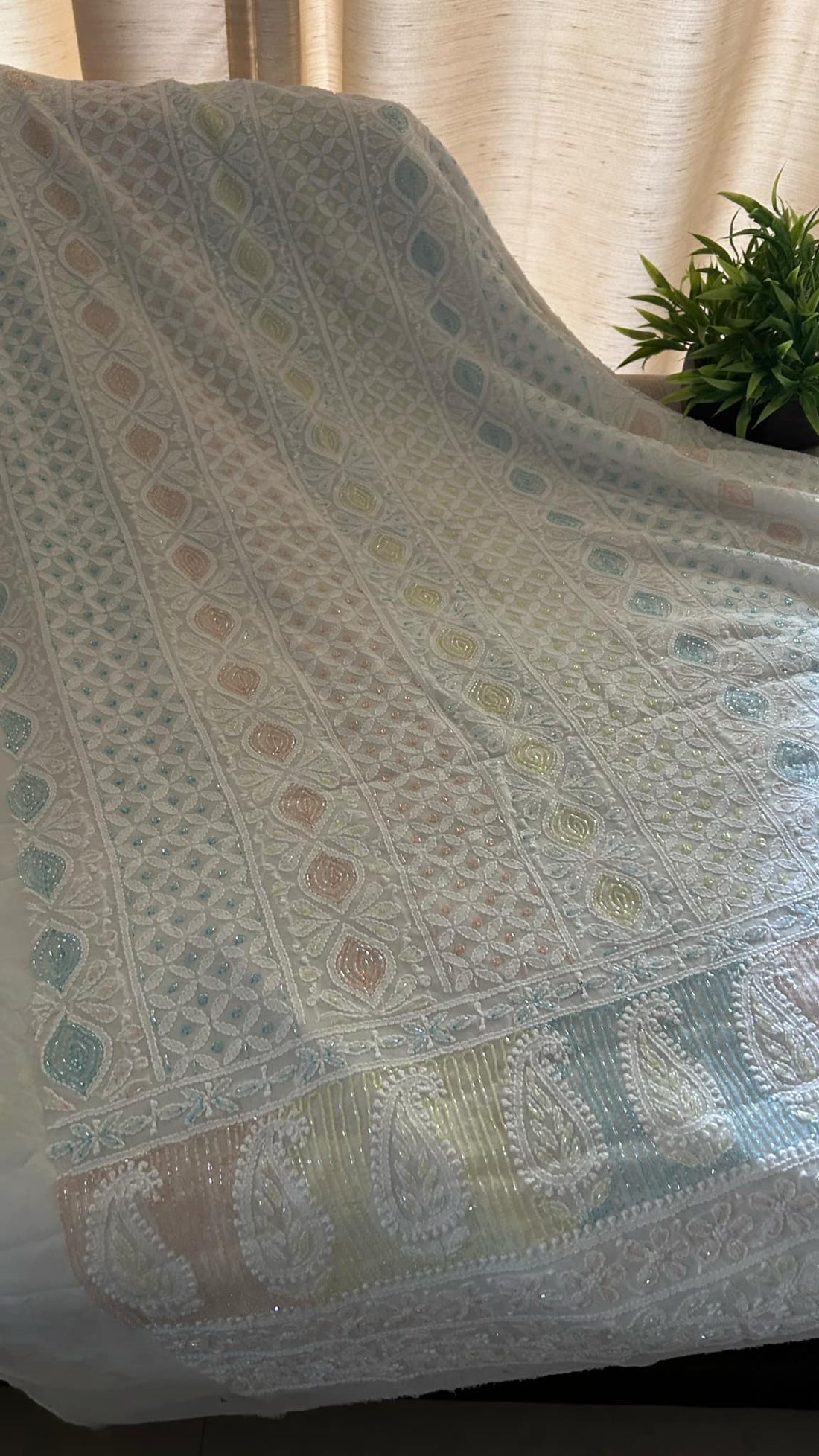 Handcrafted Shafaq Premium Georgette Chikankari Kurta and Dupatta set by LVW Fashions, featuring intricate Lucknow-style embroidery.