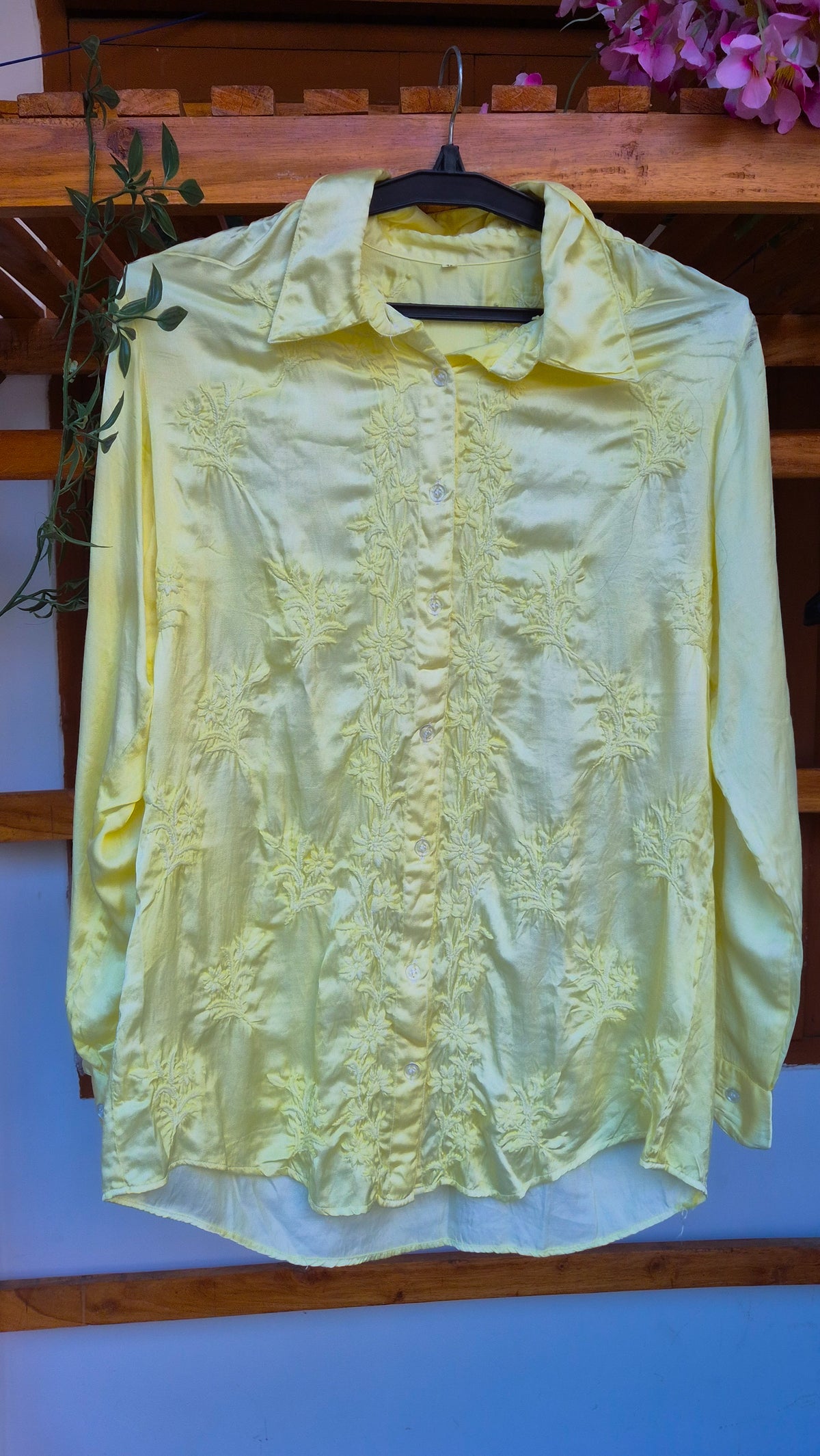 Luxurious handcrafted silk Chikankari shirt by LVW Fashions, featuring intricate Lucknow Chikankari embroidery.