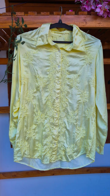 Luxurious handcrafted silk Chikankari shirt by LVW Fashions, featuring intricate Lucknow Chikankari embroidery.