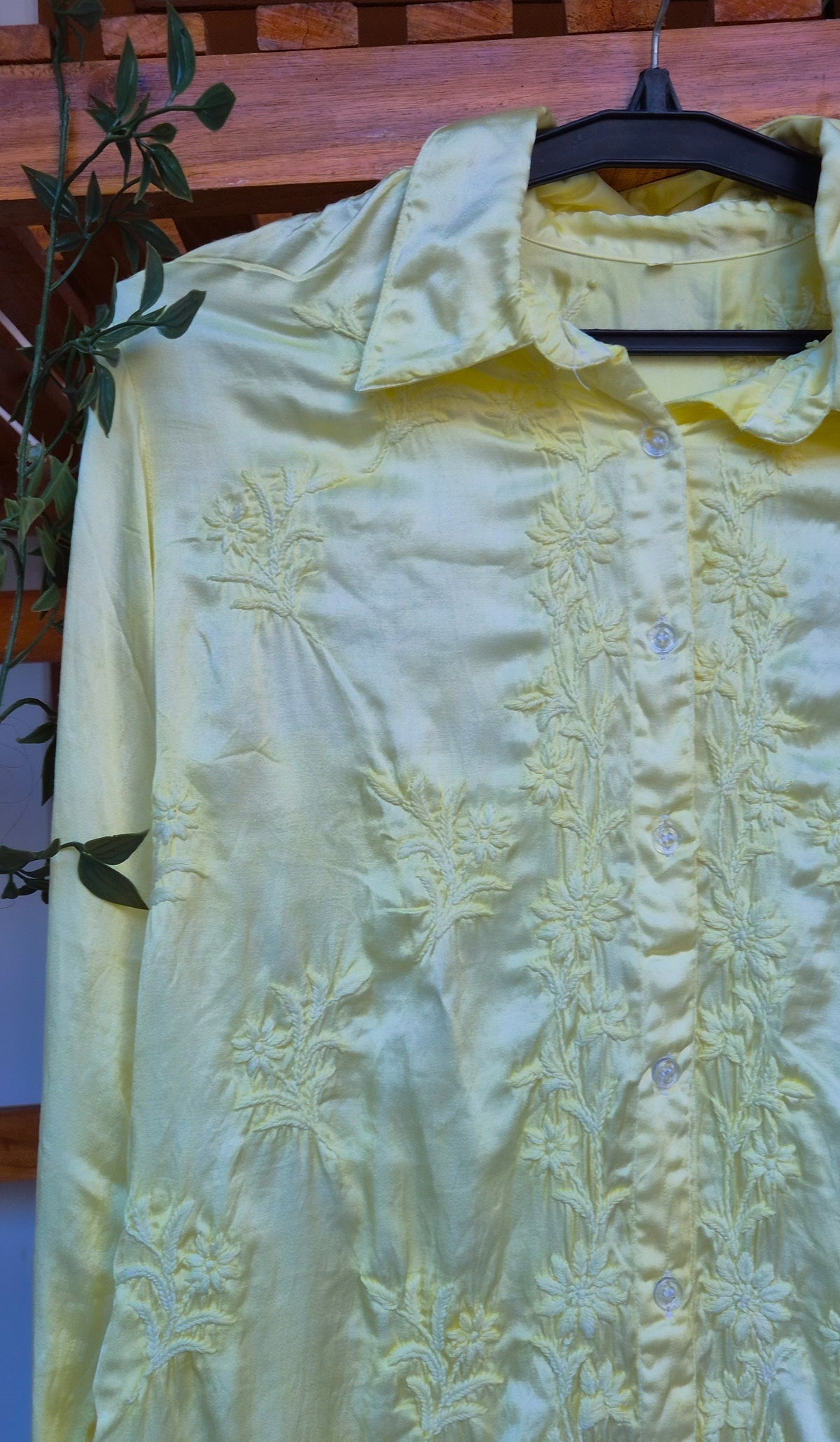 Elegant handcrafted silk Chikankari shirt by LVW Fashions featuring intricate Lucknow Chikankari embroidery.