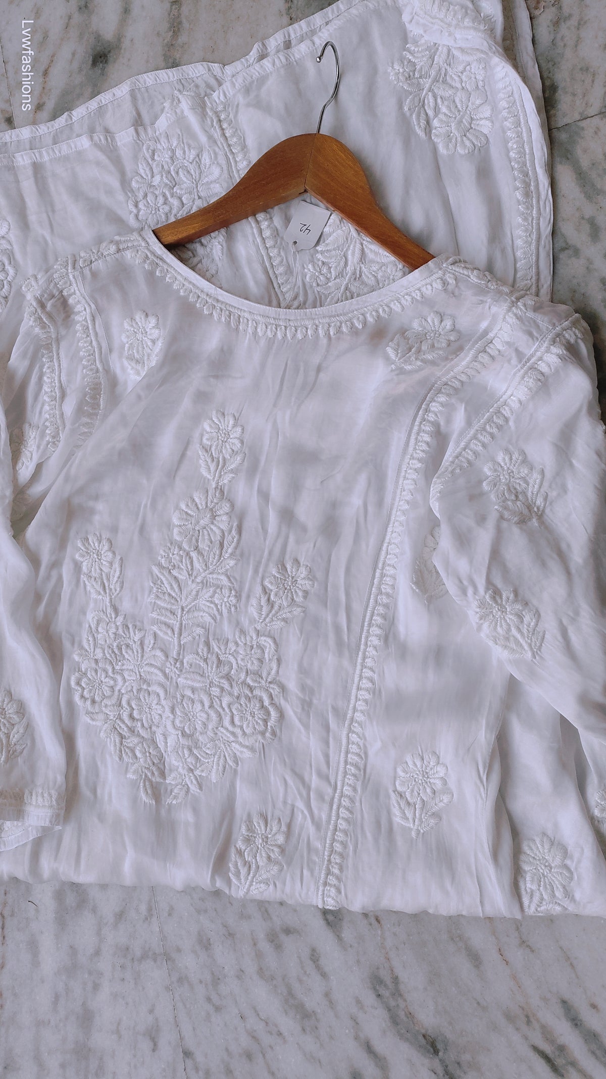 Super luxurious silk Chikankari long A-line kurta by LVW Fashions, featuring intricate handmade side designs and traditional Lucknow craftsmanship.