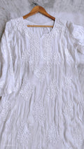 Super luxurious silk Chikankari long A-line kurta by LVW Fashions, handmade Lucknow Chikankari with intricate side designs.