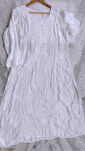 Super luxurious silk Chikankari long A-line kurta by LVW Fashions with intricate handmade Lucknow Chikankari design.