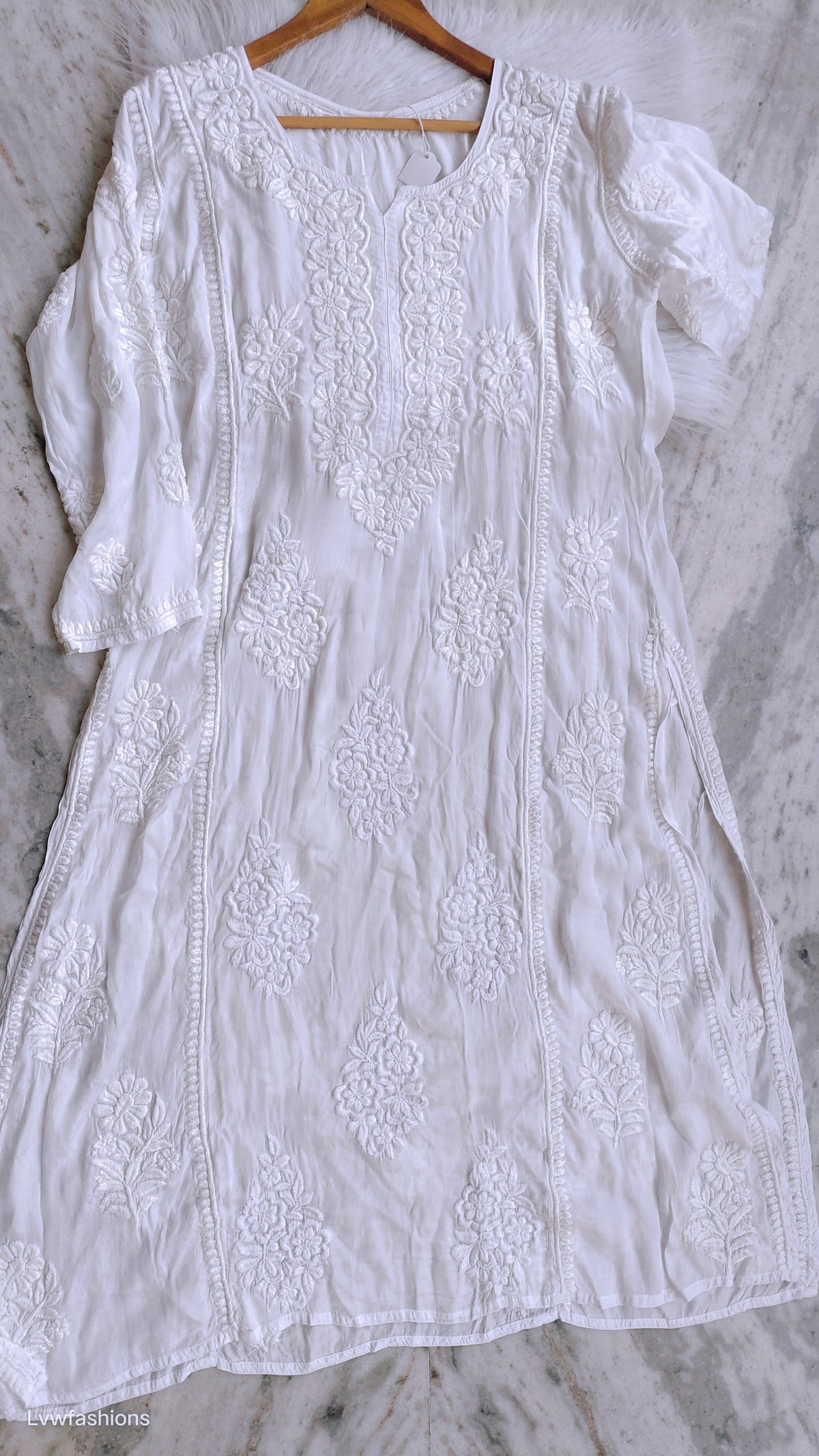 Super luxurious silk Chikankari long A-line kurta by LVW Fashions with intricate handmade Lucknow Chikankari design.