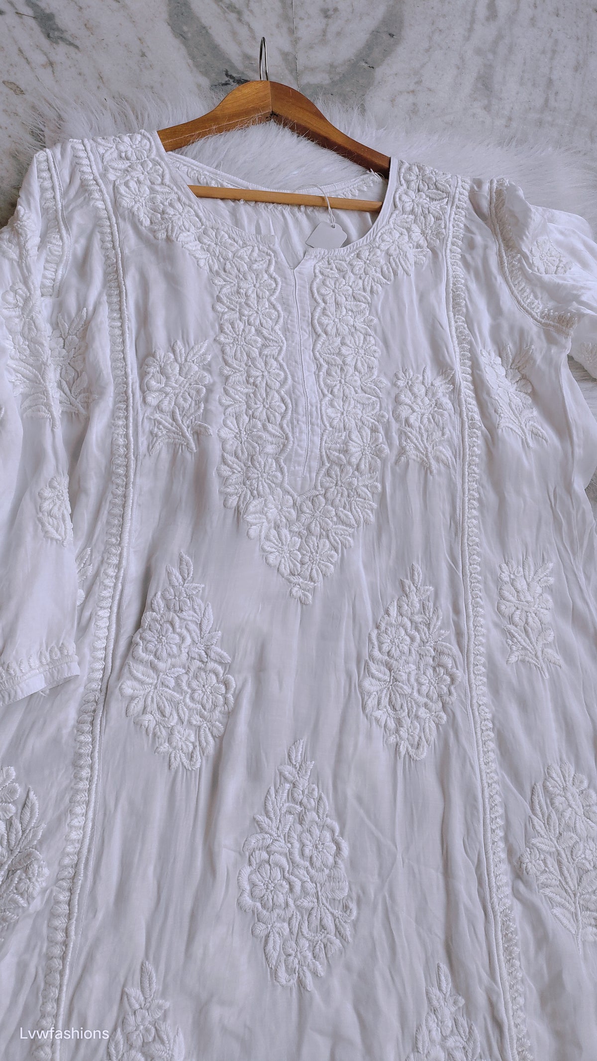 Super luxurious silk Chikankari long A-line kurta by LVW Fashions, handmade with intricate side embroidery, traditional Lucknow design.