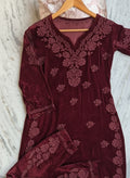 Super Maroon Makhmal Chikankari Co-ord Set by LVW Fashions with luxurious handcrafted embroidery and traditional Lucknow chikankari.